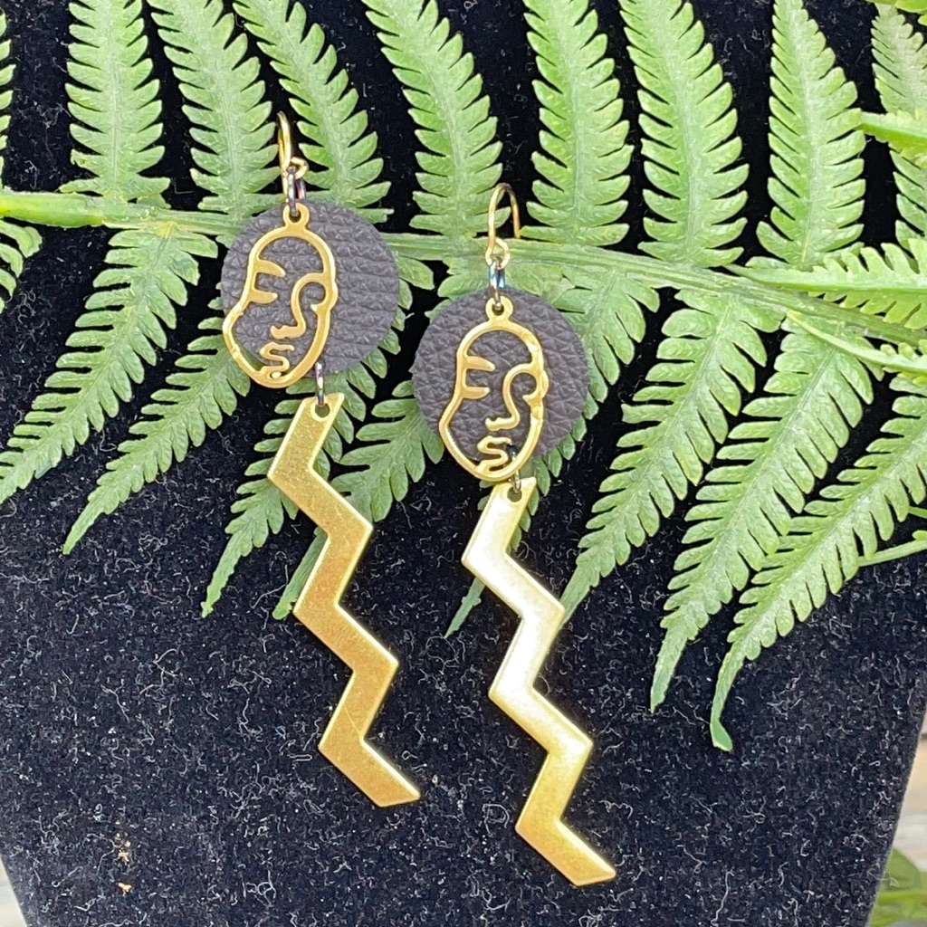 Adorned Crown Geometric Face Leather Earrings